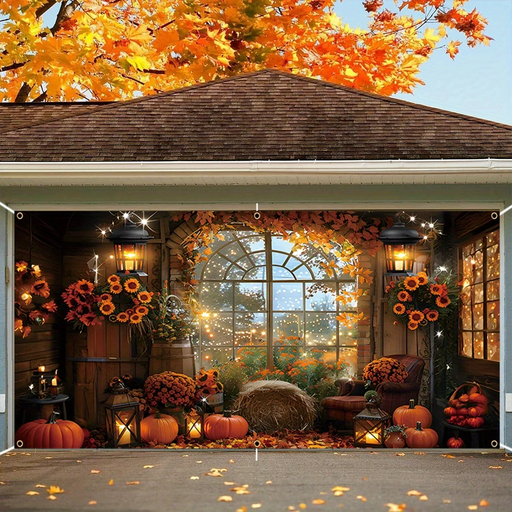 Türbanner für die Herbsternte im Gewächshaus – Polyester, Scheune, Kürbis- und Heuhaufenmuster, Thanksgiving und ländliches Bauernhaus