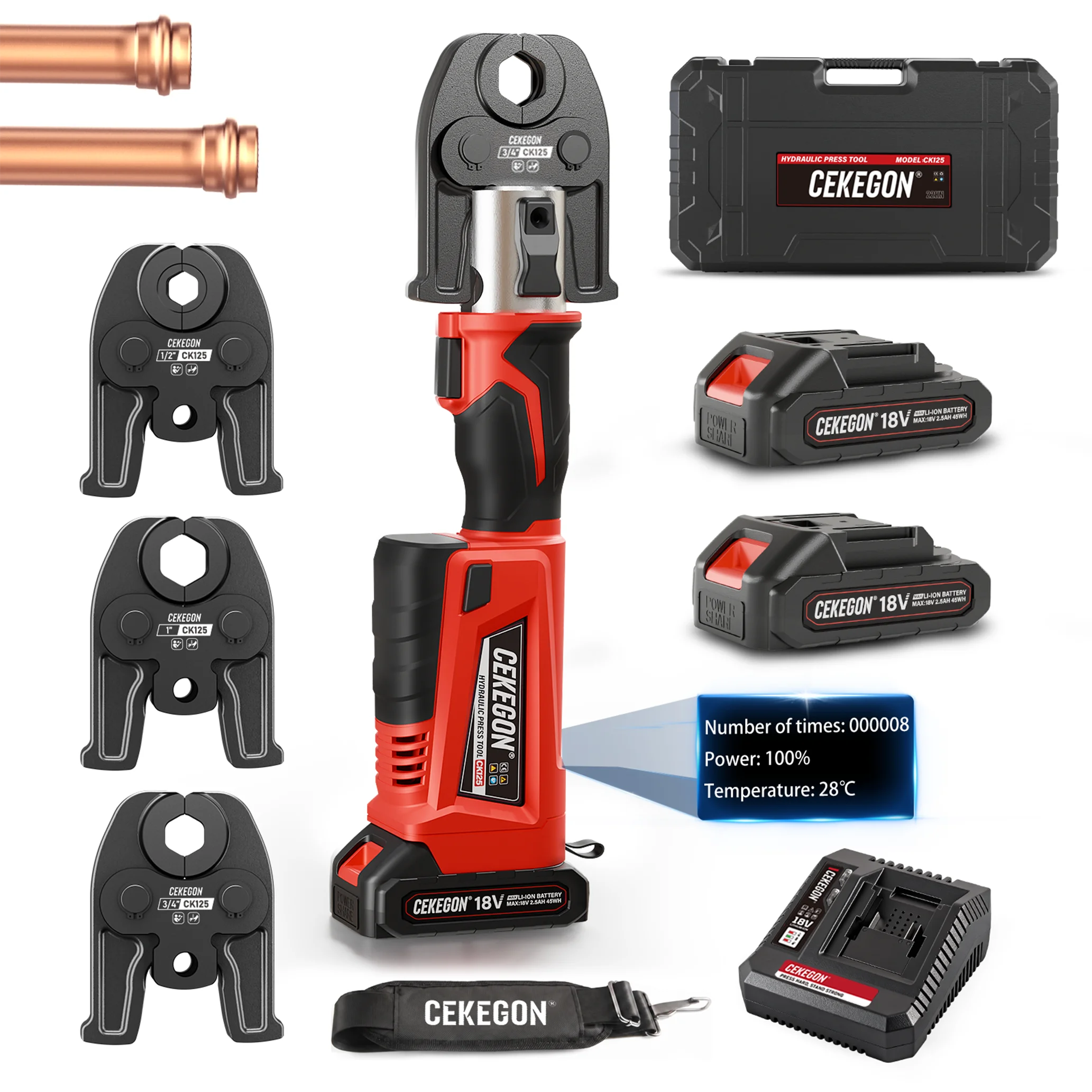 CEKEGON 18V Cordless Copper Pipe Press Tool 22kN Electric Crimping Tool with VUS 1/2