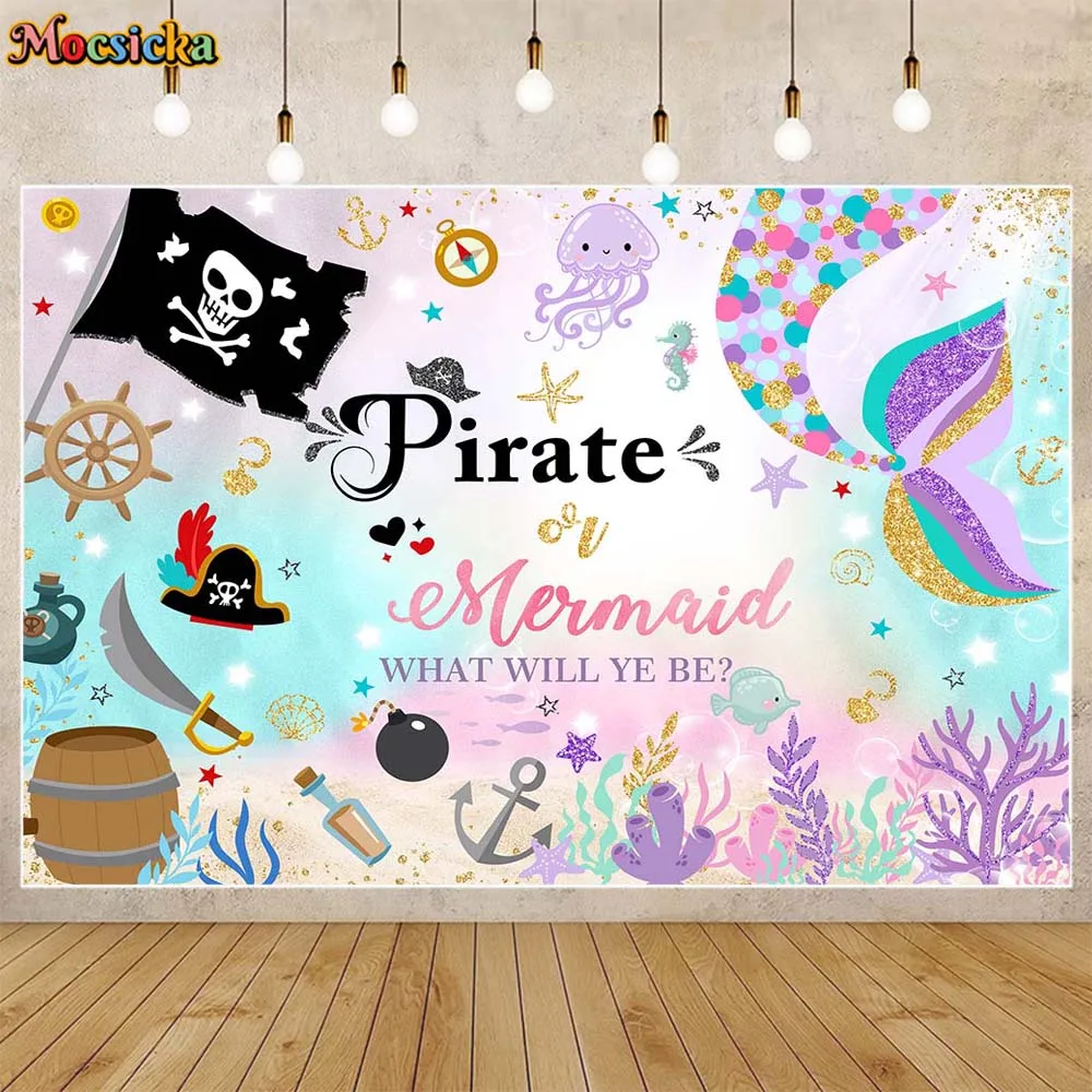 

Mocsicka Gender Reveal Backdrop Pirate or Mermaid Boy or Girl Newborn Party Decoration Baby Shower Background Photo Studio Props