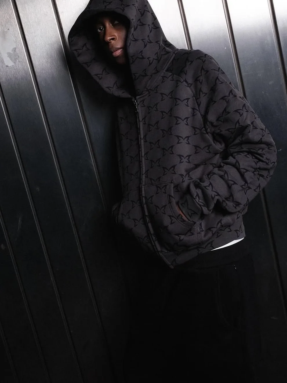 Jaqueta Moletom Unissex de Caimento Solto Estilo Casual High Street com Estampa de Borboleta e Zíper em Algodão e Poliéster