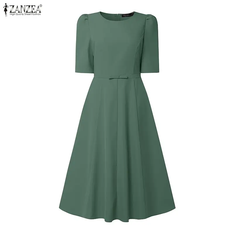 2026 Sommerkleid ZANZEA Damen Elegantes Einfarbiges OL Arbeitskleid O-Ausschnitt Kurzarm Midi-Robe Stilvolles Tailliertes A-Linien Party-Sommerkleid
