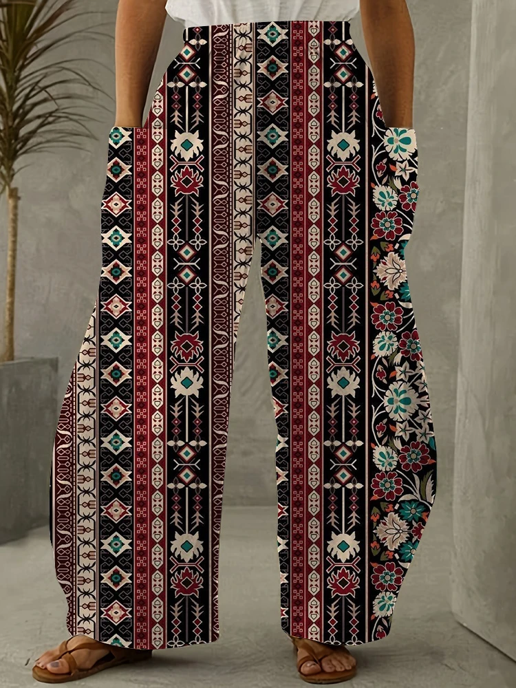 Vroege Herfst Damesbroek Retro Geometrisch Bedrukt Dames Casual Dameslantaarnbroek Grote Elegante Damesbroek Met Wijde Pijpen