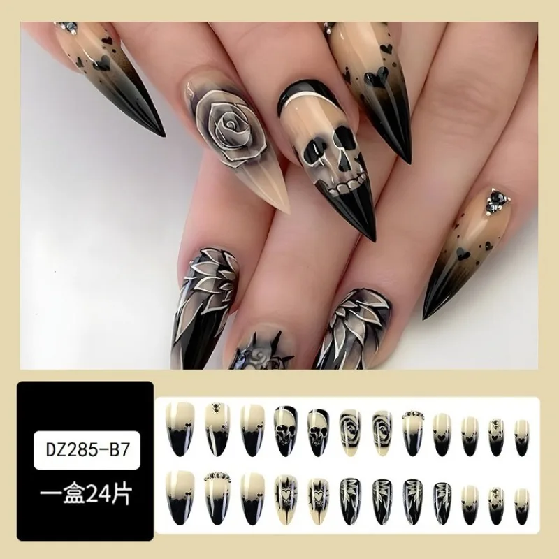 24pcs Black Punk Skull Rose Rhinestone Halloween Fashion Press on Acrylic Nails Cheap Fake Nails with Glue Stiletto False Nails