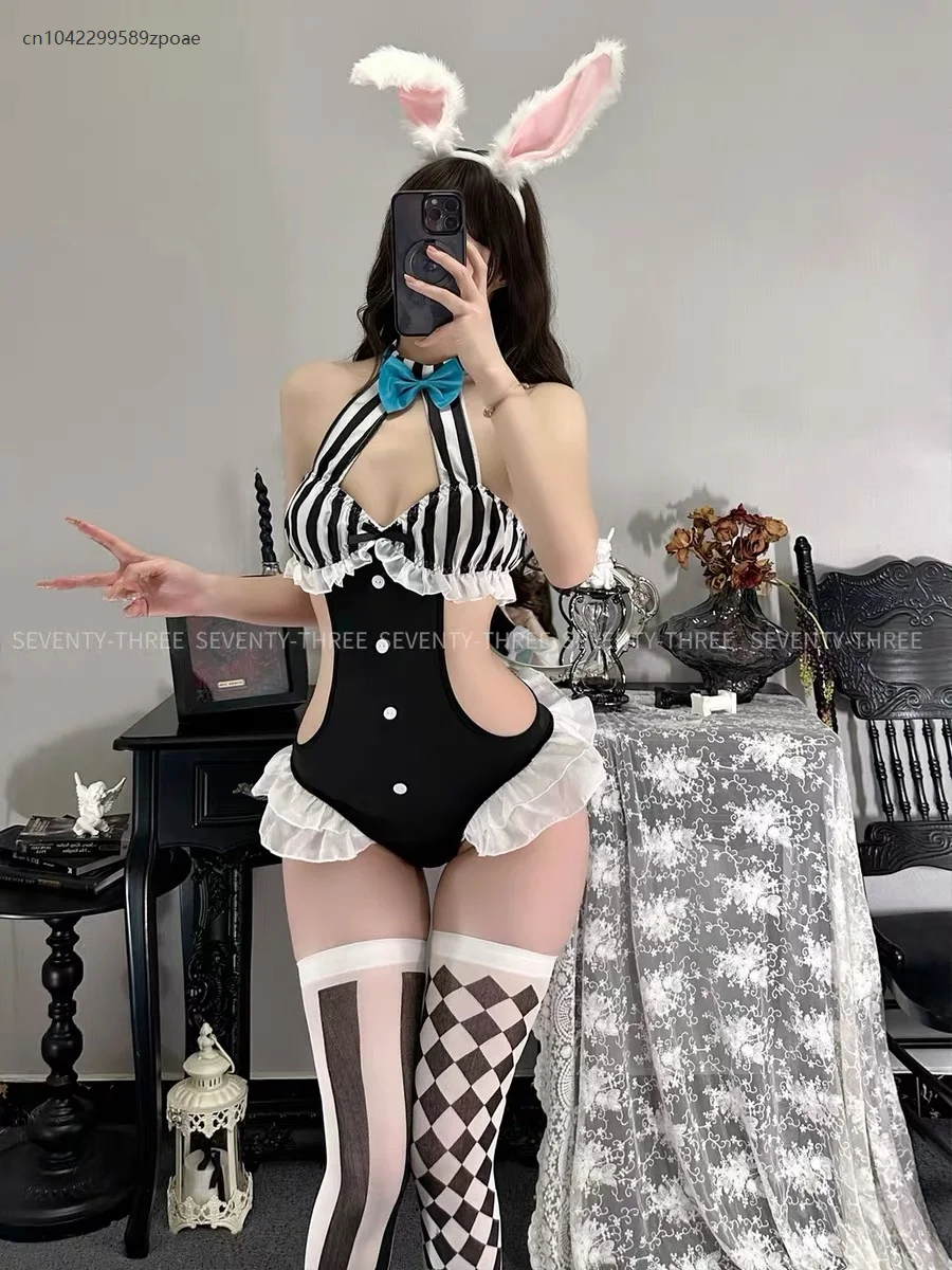 Bunny Girl Sexy Hollow out Striped Bodysuit Spicy Lolita Pure Desire Sleepwear Homewear With Long Ear Headband and Stocking Set