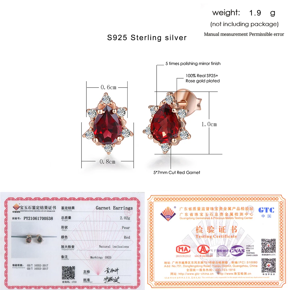 LAMOON 925 Sterling Silver Earrings For Women Garnet Gemstone Earrings 18K Rose Gold Plated Fine Jewelry Wedding Earring LMEI060