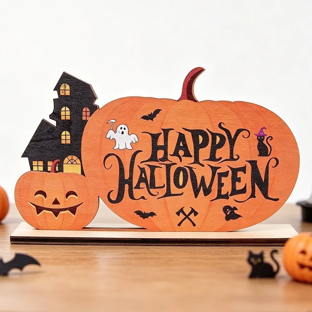 Cartoon Pumpkin Wooden Ornaments Ghost Sign Halloween Pumpkin Figurine Stable Base Display Decor Pumpkin Table Ornament
