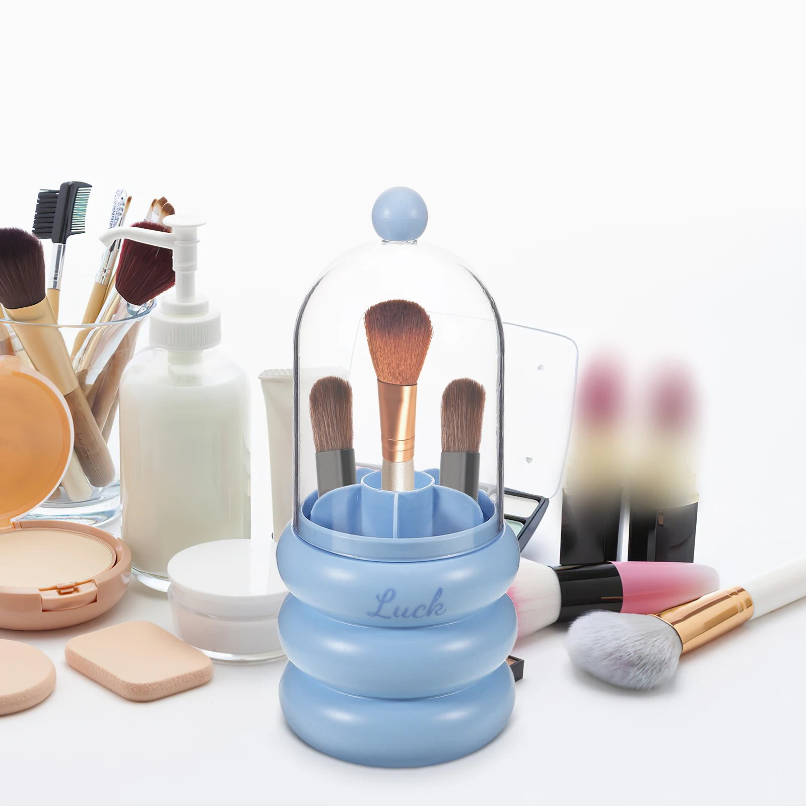Rotating Makeup Brush Organizer Clear Lid Vanity Holder Large Capacity Storage Cup Multifunctional Beauty Tool Case For