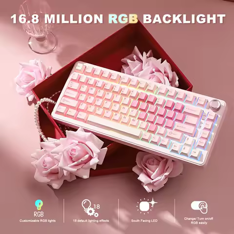 YUNZII B75 PRO Pink Mechanical Gaming Keyboard, Bluetooth/Wire/Wireless 75 Knob RGB Keyboard, Gasket Hot-Swap Custom Creamy Keeb