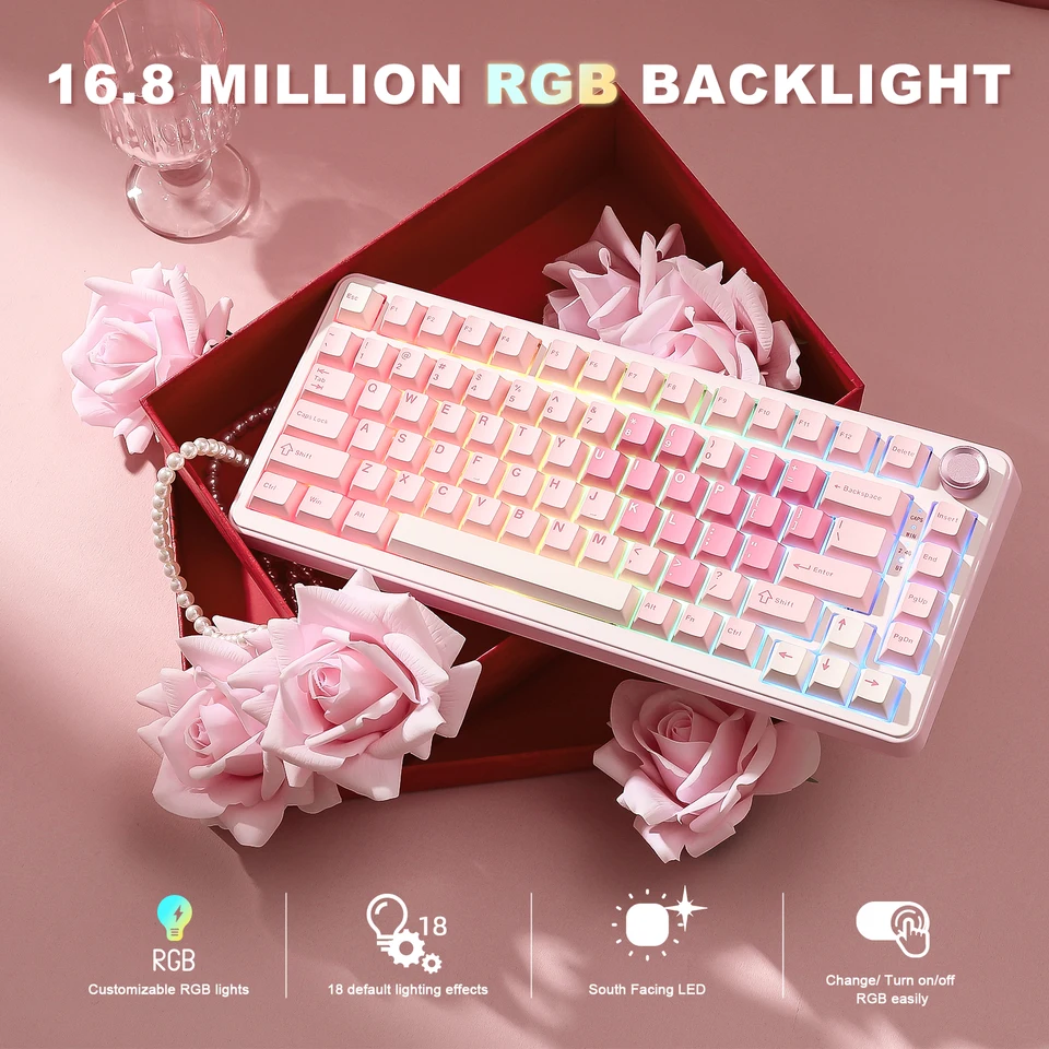 YUNZII B75 PRO ピンクメカニカルゲーミングキーボード、Bluetooth