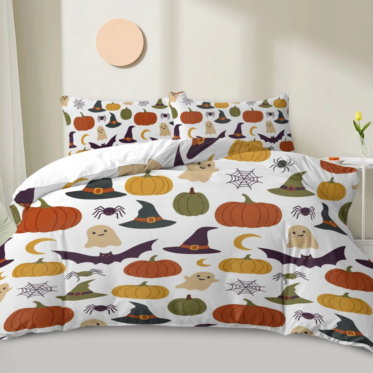 3 Pieces Duvet Cover Set Soft Halloween Pumpkin Ghost Witch Hat Bat Spider Bedroom Home Decor Autumn Halloween Holiday Gift