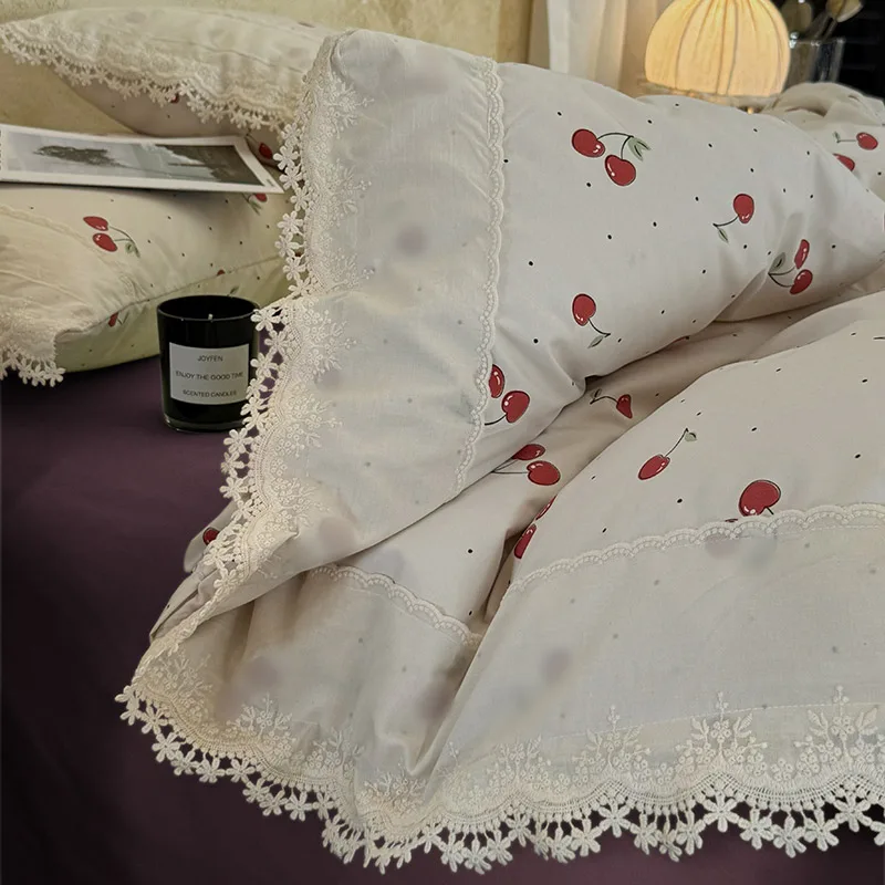 Korean Style Vintage Cherry Bedding Sets for Girls 2026 New Washed Cotton Duvet Cover With White Lace Trim Sheet Pillowcases