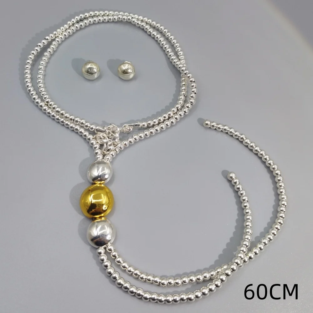 

2026 Spring Trendy High Quality Gold Silver Irregular Round Bead Earrings Sweater Chain Jewelry Two Piece Set Party Gift