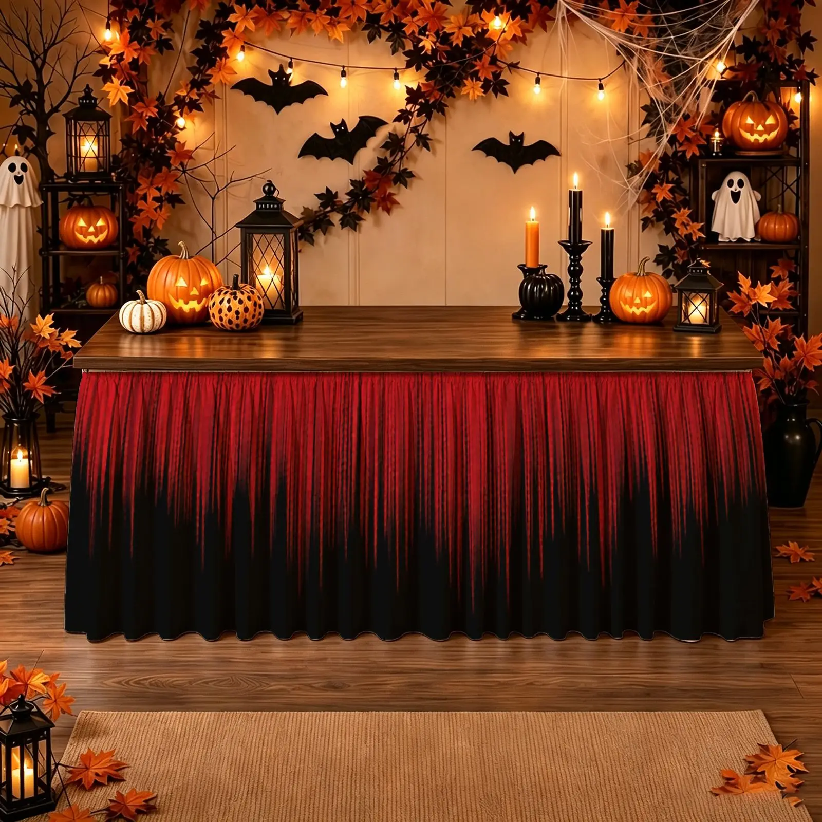 Halloween, Christmas,Party Tablecloth - Horror Table Skirt Set - Gradually Changing from Red to Black Flowing Fringe Table Skirt