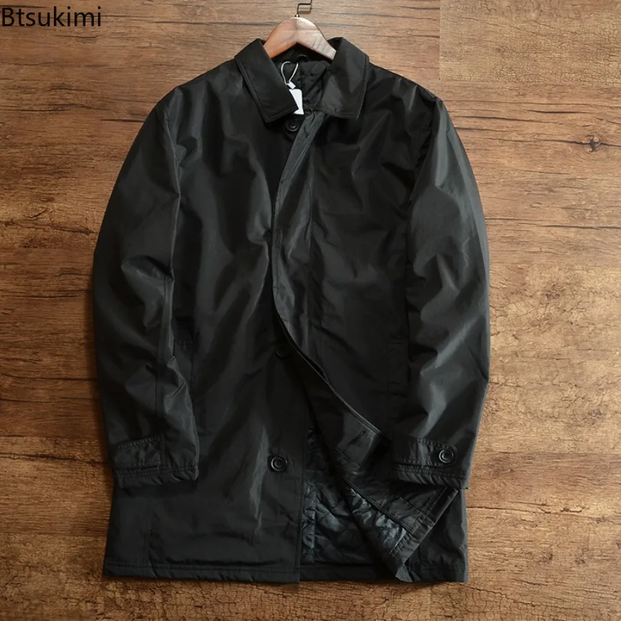 2025 الرجال سترة واقية أنيقة السترات خمر بسيطة عادية الدافئة معطف واقٍ من المطر الخريف الشتاء متوسطة طول التلبيب زر حتى القمم