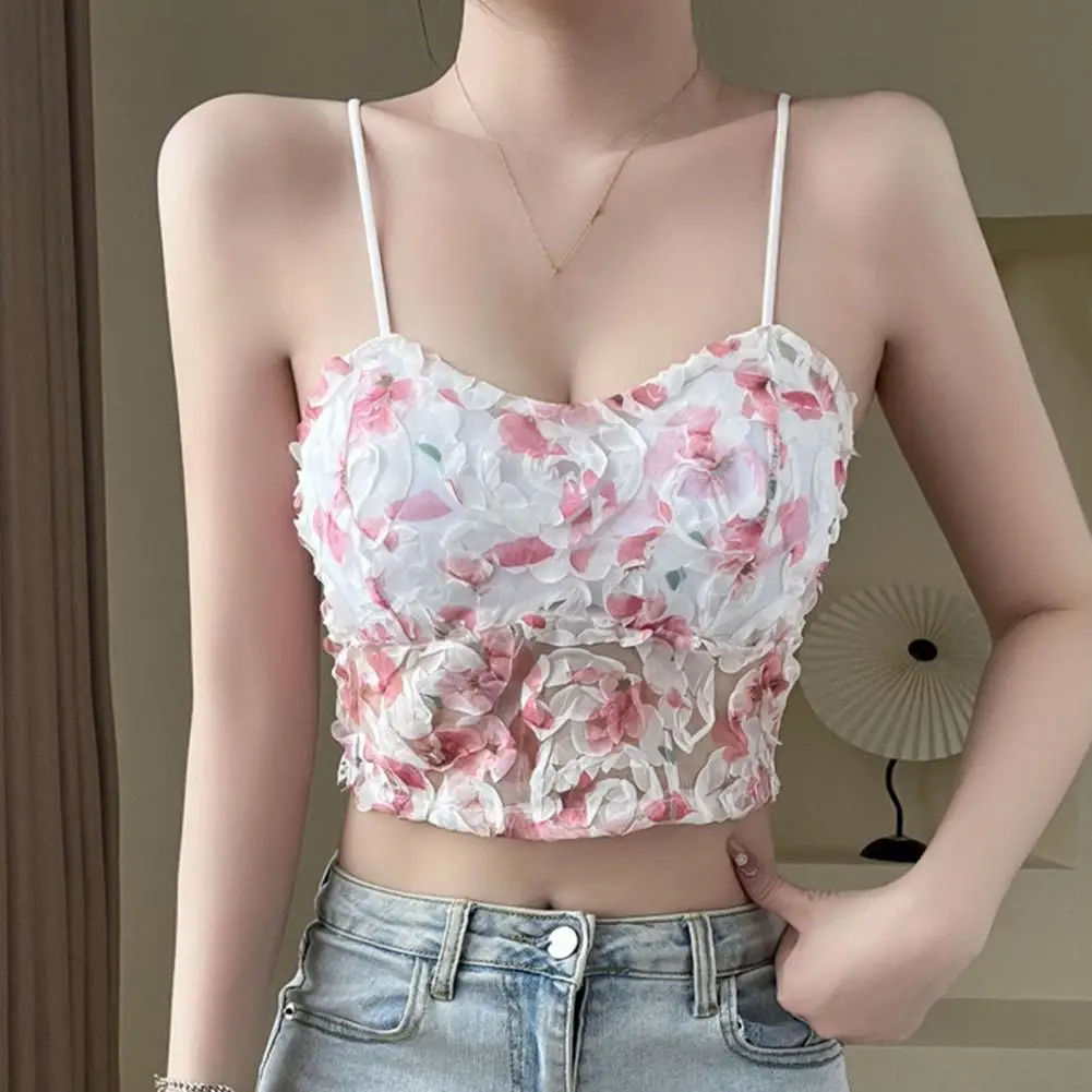 Women Sleeveless Lace Camisole Floral Spaghetti Strap Tank Top Female Summer Pink Vest With Chest Pad Crop Top 2000s Clothes