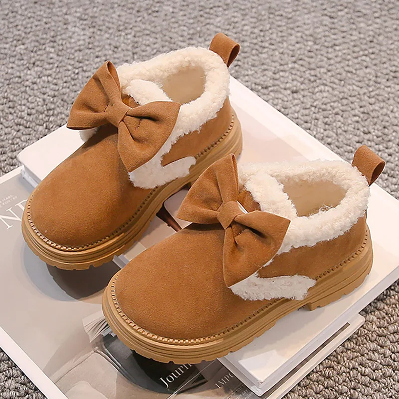 

Зимние плюшевые сапоги для детей, трендовые модные зимние сапоги в корейском стиле с бантом для девочек, теплые детские сапоги на толстой подошве на мягкой подошве