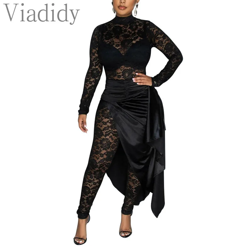 Women Sexy Solid Color See Through Sheer Lace Long Sleeve Jumpsuits with High Waist Skirt 2pcs Set