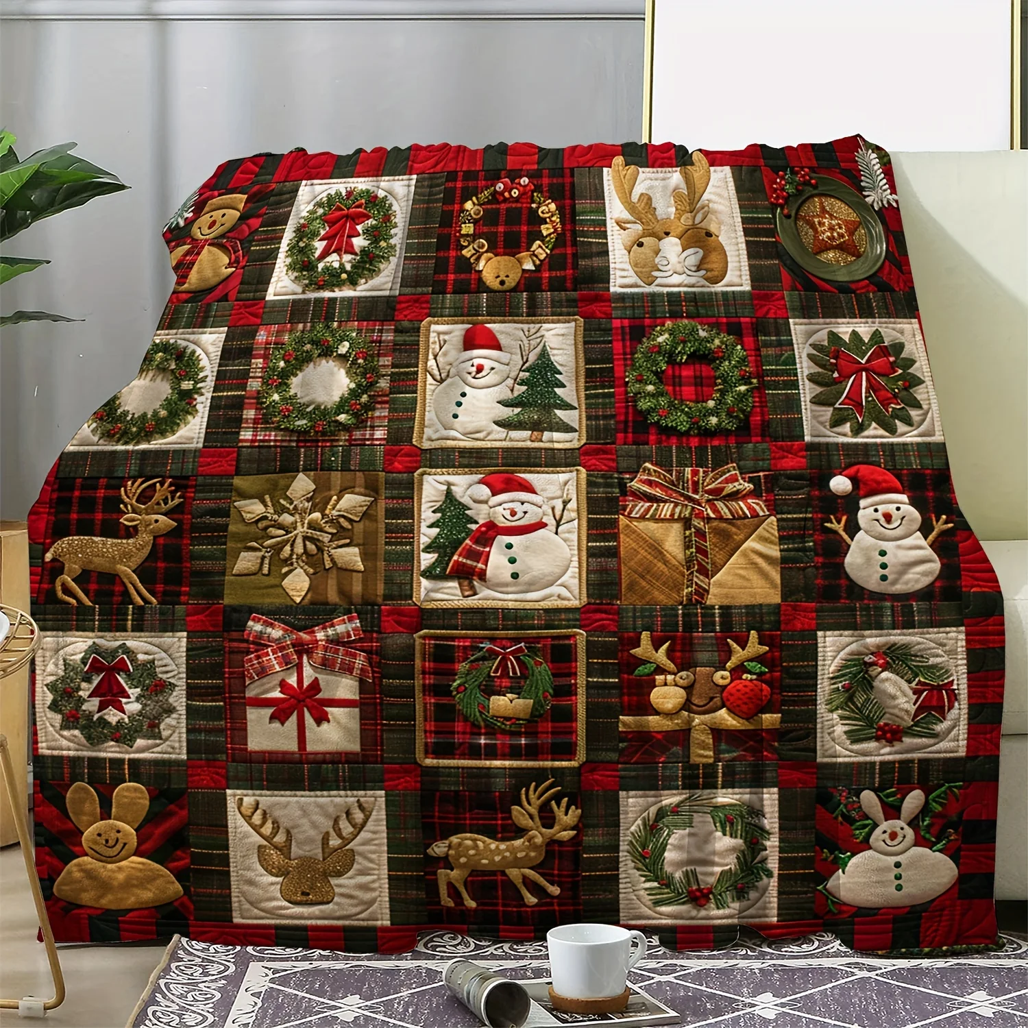 Cozy Festive Christmas Blanket - Vintage-Inspired Wreath, Snowman, Reindeer, and Gift Grid Printed Soft Flannel Throw with Warm