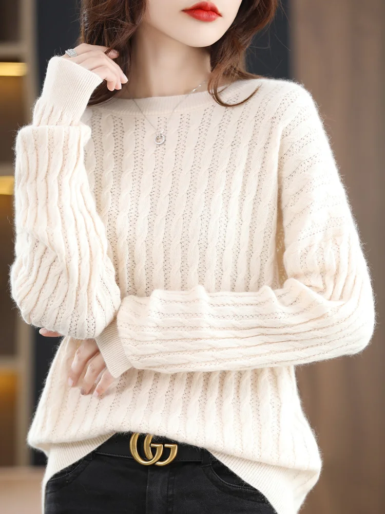 Round Neck Knitted Sweater for Women, Long Sleeved Bottom Top, Autumn and Winter, New, 24