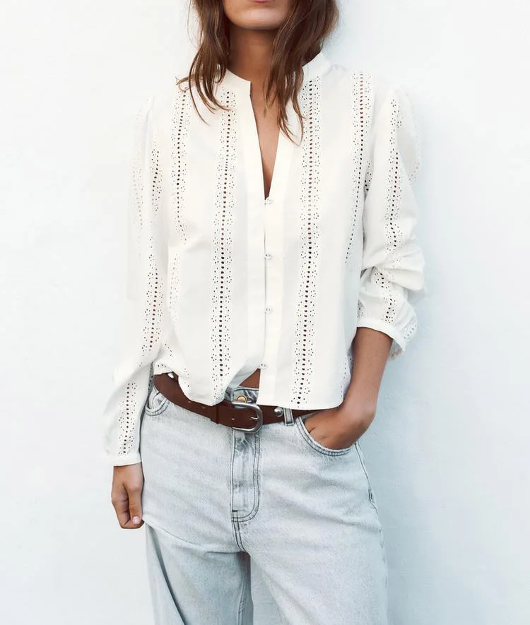 

Весенняя новинка Sweet Sle, женская Irt с вышивкой, ажурная ор Све V-Ne Puffy Sve, повседневная удобная полиэстеровая ткань