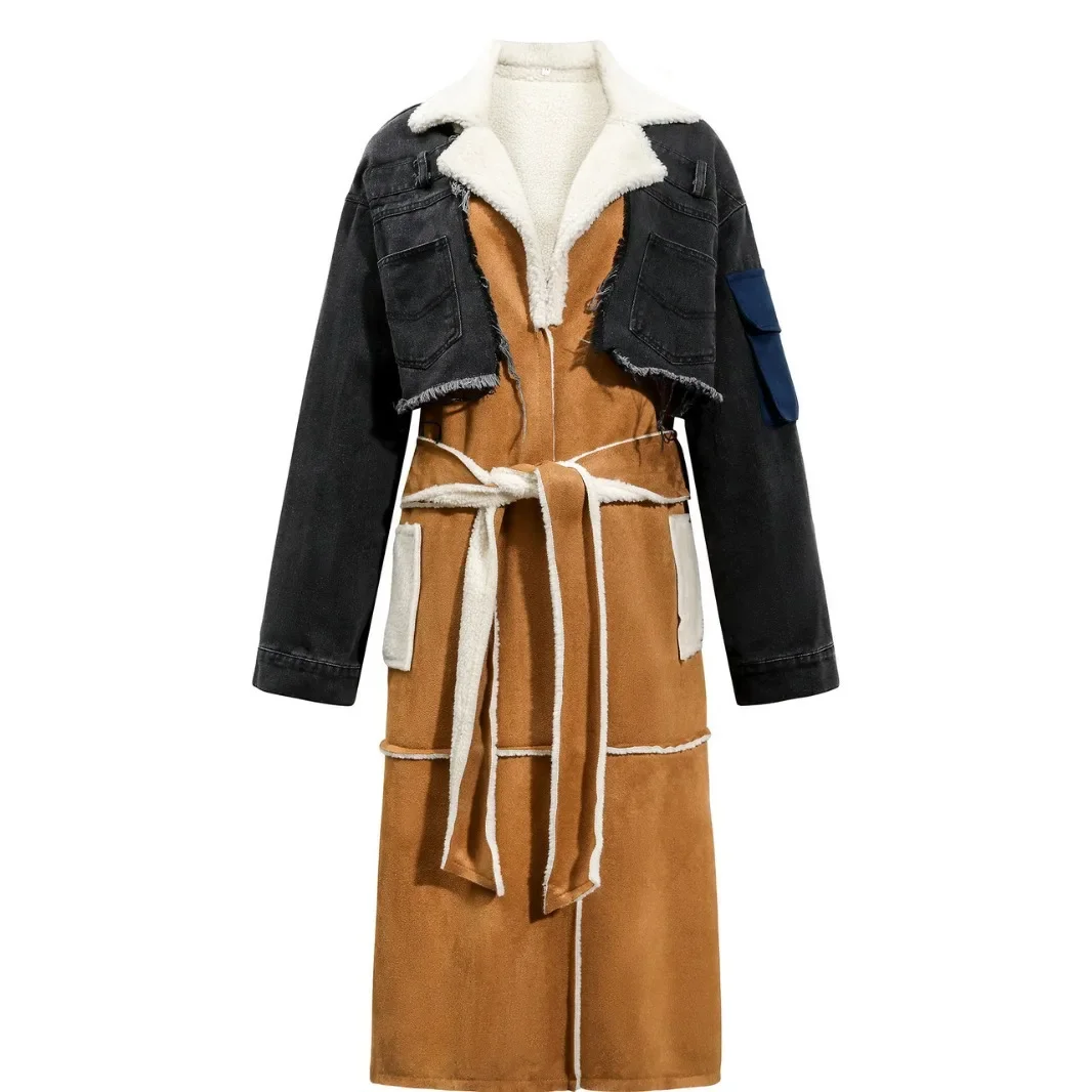 

Winter Fashion Clothes Casual Patchwork Pockets Colorblock Jackets For Women Lapel Loose Long Sleeve Female