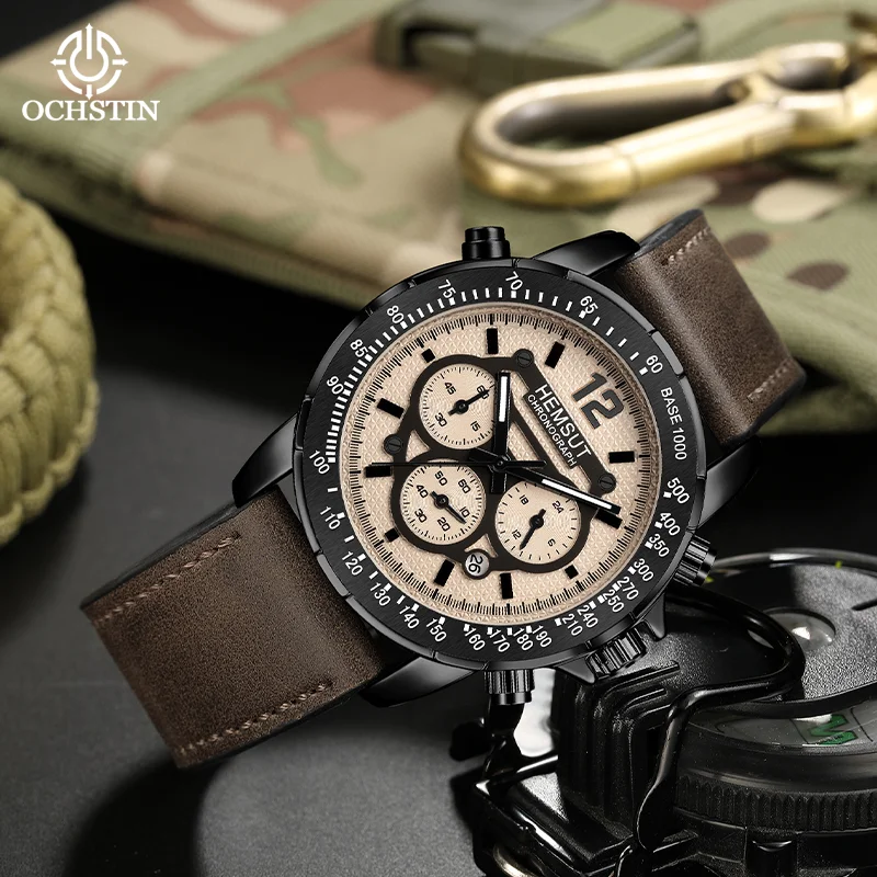 OCHSTIN Men Multifunctional Quartz Watch Genuine Leather Strap Waterproof Business Casual Male Wristwatch Gifts Fashion Clock