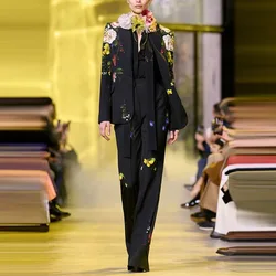 The latest designer runway set for women in 2024, featuring a single button printed fashionable jacket and suit