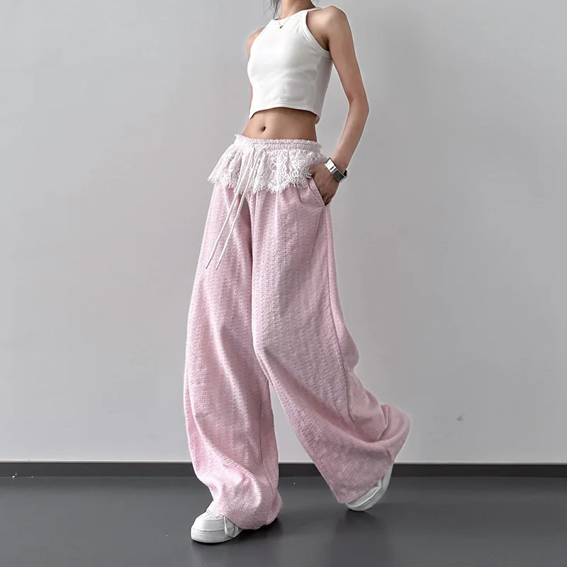 2025 春夏の新弾性ウエストスプライシングレースデザインワイドレッグカジュアルパンツ女性ショー長い脚