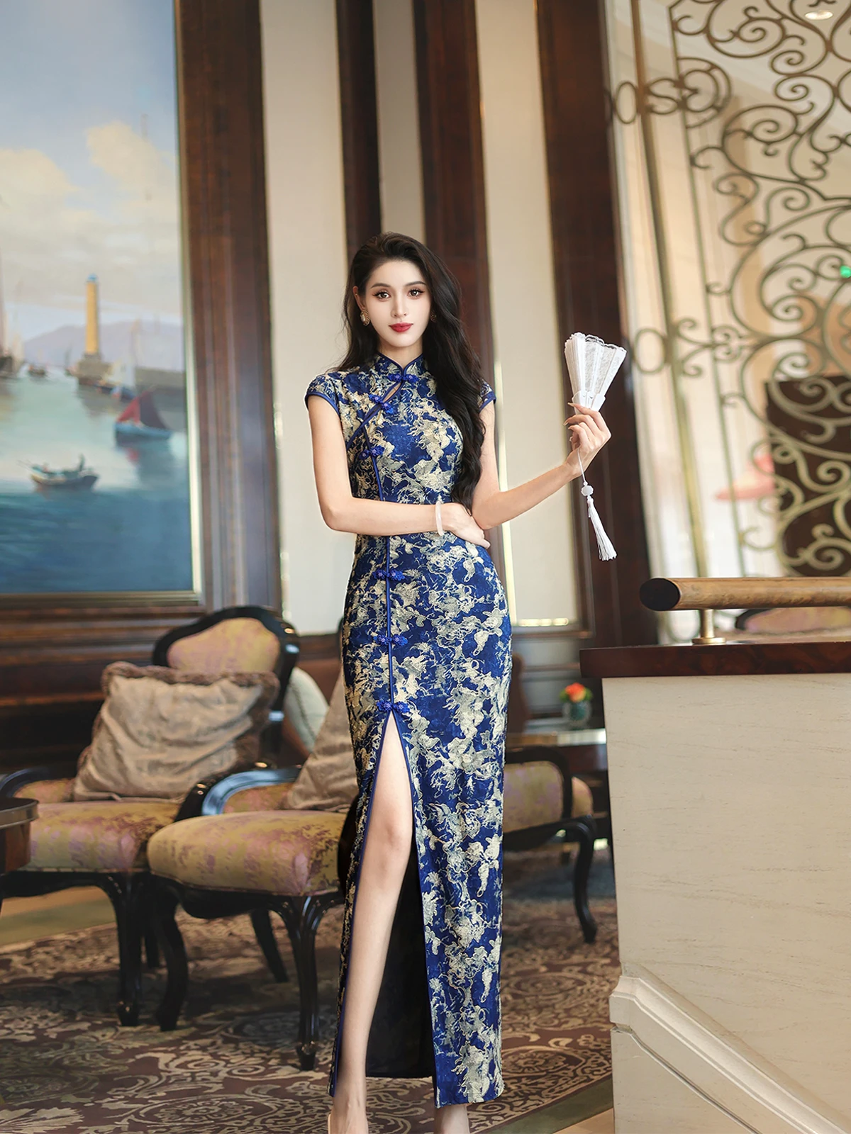 

Элегантное трикотажное платье-ципао с принтом, оригинальный дизайн, высококачественная модная китайская одежда, длинное или короткое, дышащее.