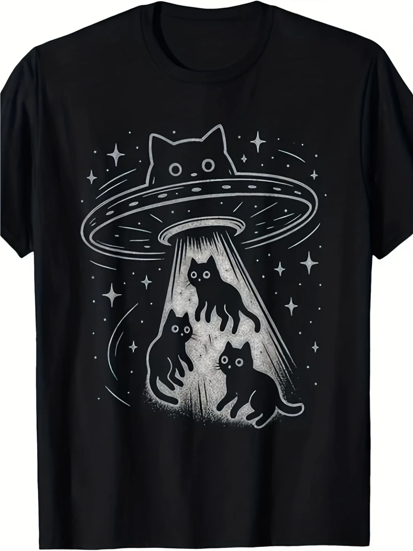 [Cat UFO T-Shirt] Funny Cat UFO Cute Kitten Spaceship Alien Aesthetic T-Shirt |   Men'S Casual Short Sleeves, Comfortable Fit, Playful Print, Round Neck, Suitable for All Seasons