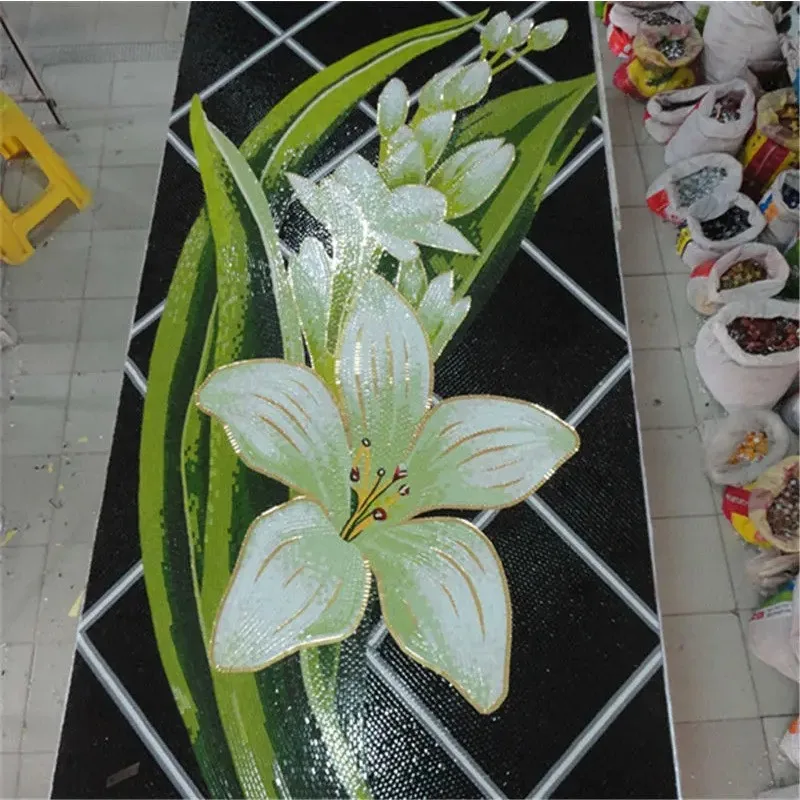 กระเบื้องโมเสคภาพจิตรกรรมฝาผนังดอกลิลลี่สีเขียวสด MD-FLL03 ห้องน้ําห้องนั่งเล่นกระเบื้องบุผนังบันไดกระเบื้องเพดาน