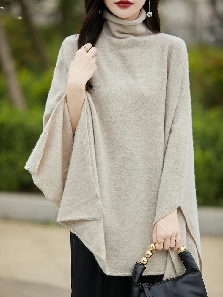 New Women's Sweater High Collar Wool Shawl Loose Pullover Autumn Winter 100% Merino Wool Knitwear Simple Fashion Cashmere Shawl