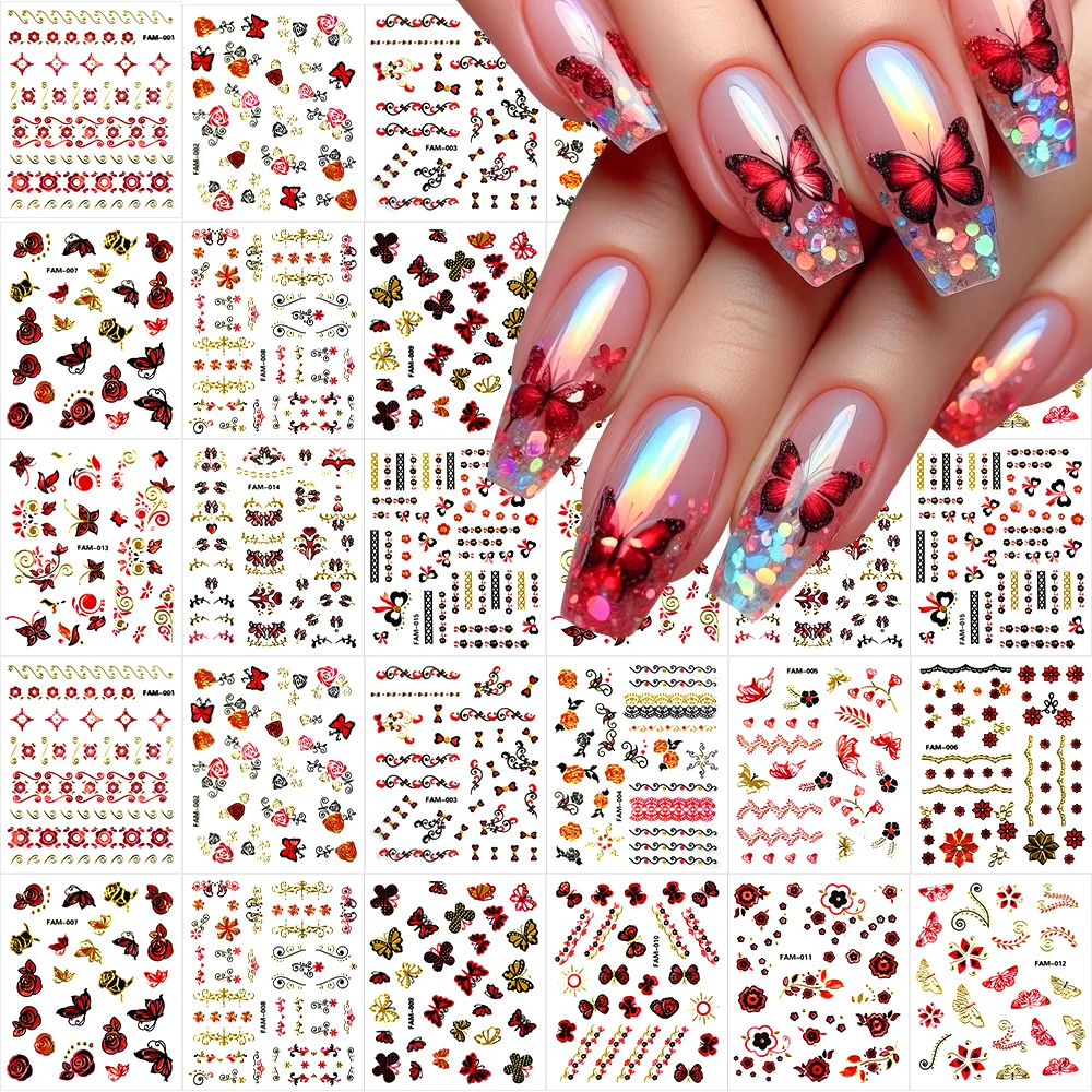 30Pcs/Set Red Golden 3D Nail Art Sticker Hot Stamping Hollow Decals Mixed Designs Adhesive Flower Nail Tips Letter Butterfly Set