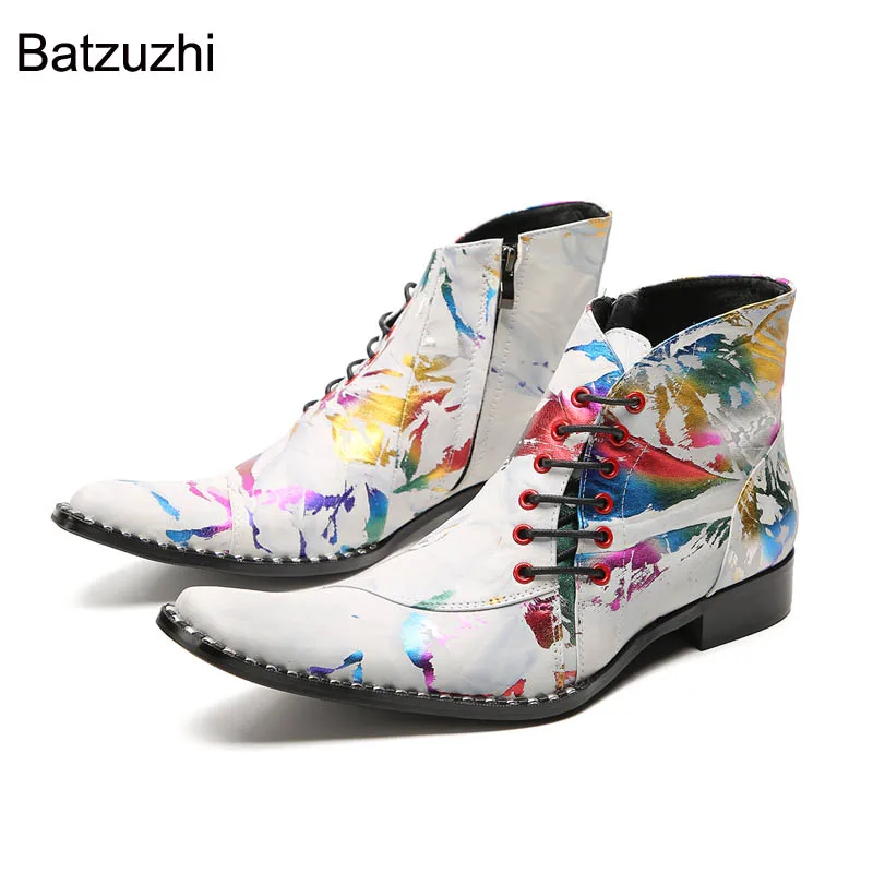 

Batzuzhi Color Punk Men's Boots Lace-up and Zip Fashion Leather Ankle Boots Men Men's Party and Wedding Boots Male! EU37-47!