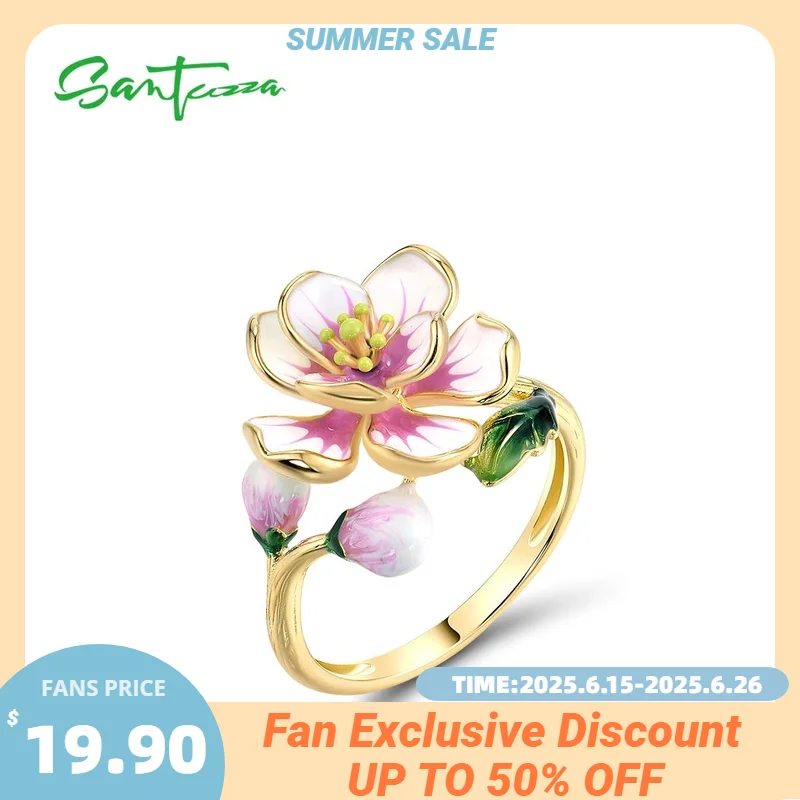 

SANTUZZA Real 925 Sterling Silver Rings For Women Fashion Flower Stamen & Leaf Handmade Enamel Delicate Wedding Fine Jewelry
