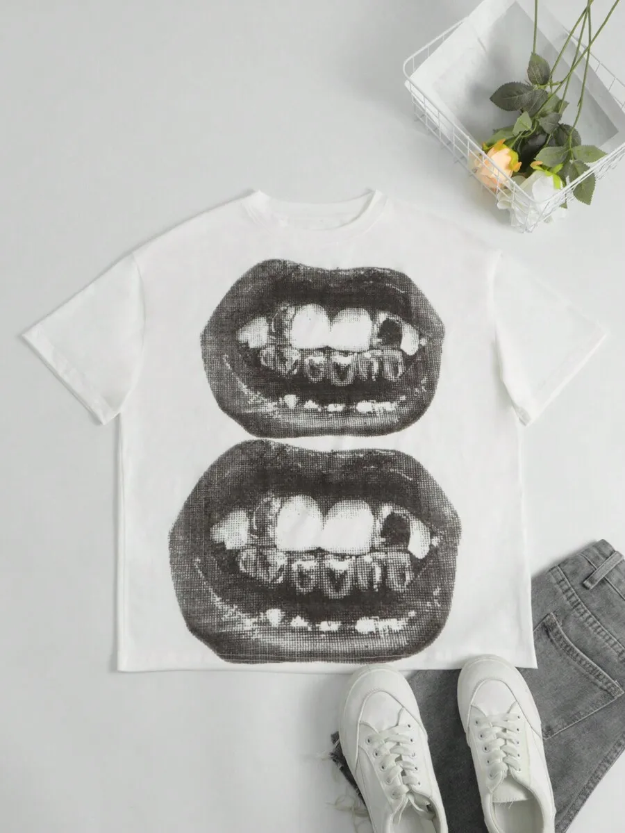 

Women Punk Gothic Streetwear Round Neck Short Sleeve Lips Print T-Shirt White Summer