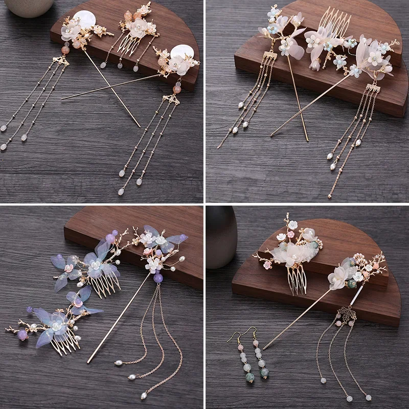 

Hanfu headdress tassel step shake ancient style super fairy hair crown hair comb pair hairpin full set ancient costume Xianqi