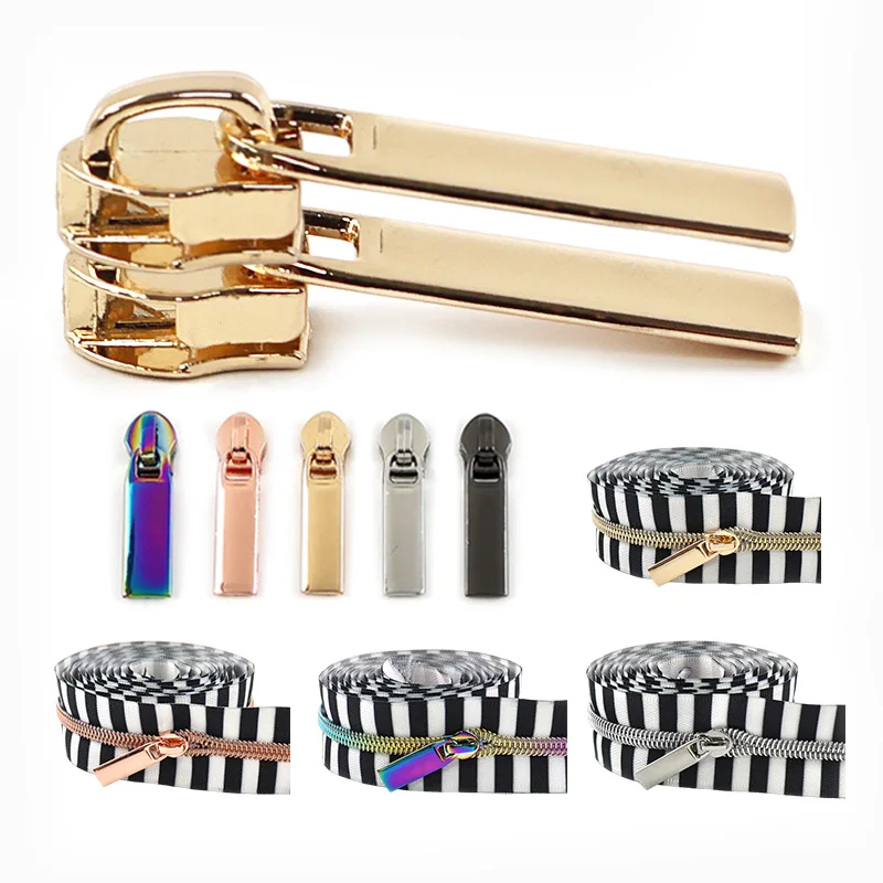 

5/10Sets 5# Stripe Zipper+Zip Puller Clothing Decor Nylon Coil Zips Tape Garment Closure Zippers Repair Kit DIY Sewing Accessory