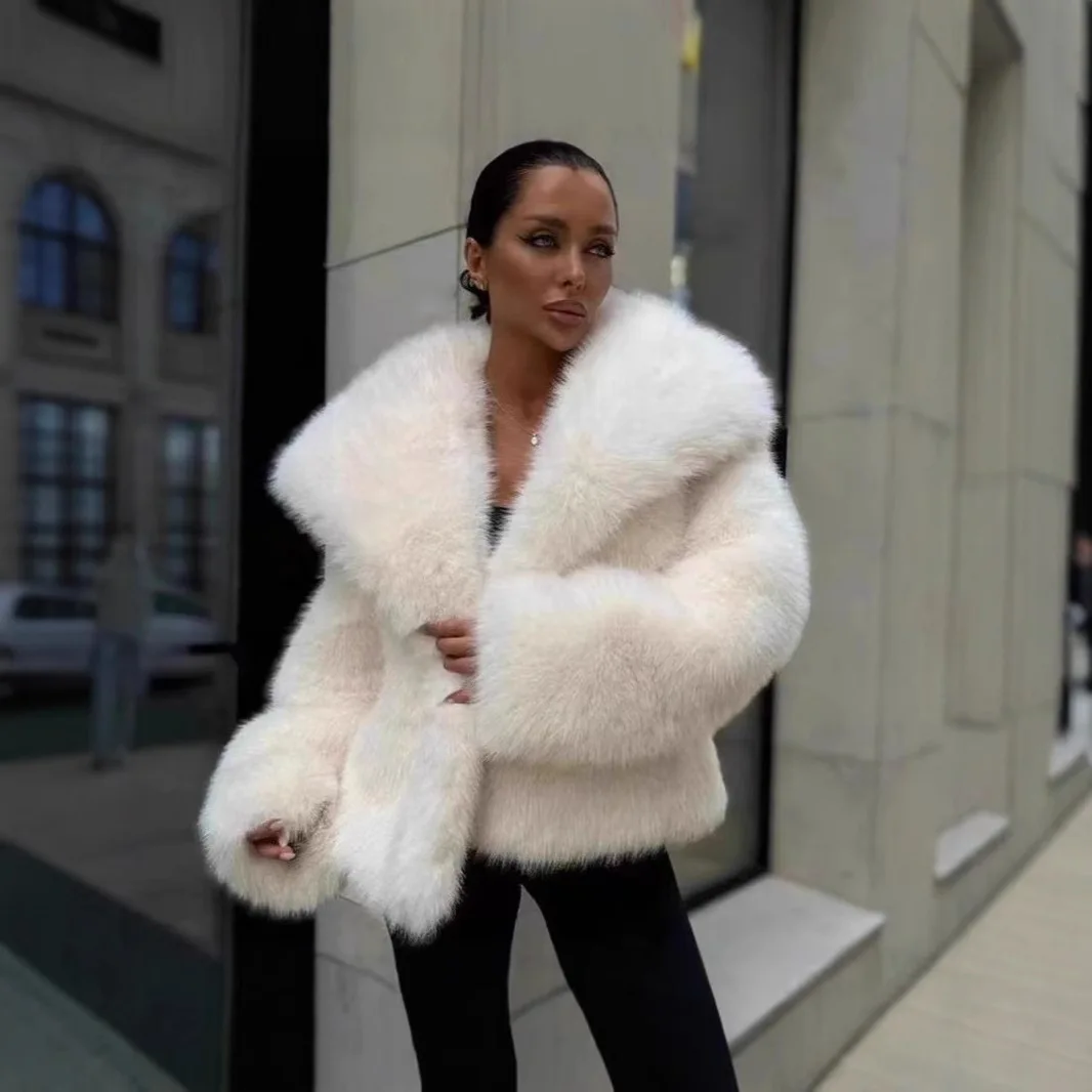 Big Lapel White Short Faux Fur Jacket Furry Jackets Fluffy Loose Luxury Women’s Outerwear Fox Fur Plush Coat Casual Elegant Warm