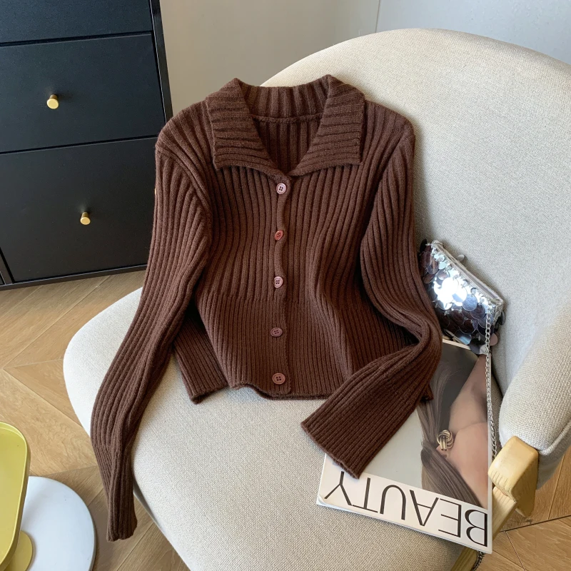 Women Maillard collar Brown/White Sweater Long Sleeve Autumn/Winter Top Y2K College Fashion Retro 2000s Clothing 2024 Grey/Pink