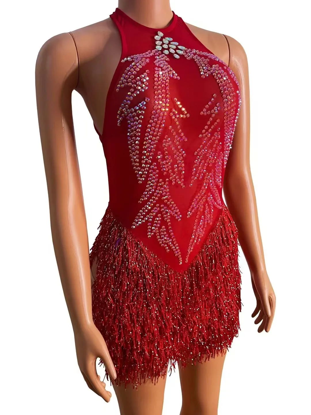 Abito da festa in rete rossa con frange di strass lampeggiantiDesign 2024 Cantante femminile Nightclub Dance OutfiPerformance Stage Show Wear A977