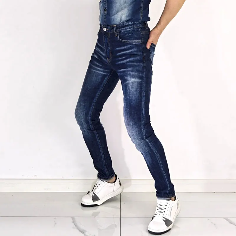 Men Dark Blue Vintage Washed Patch Ripped Splash Ink Stretch Slim Skinny Jeans Mid Waist Streetwear Hip Hop Denim Jeans hombre