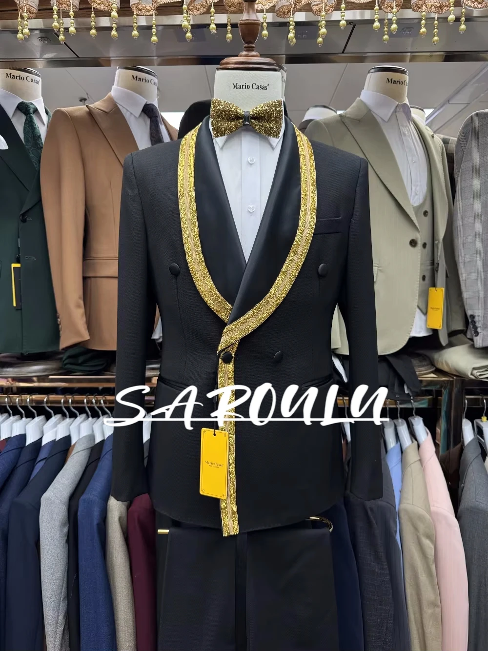 Celebrity Double Breasted Men's Suit, Golden Details Wedding Groom Wear, Jacket Pants 2-pieces Party Set For Man, Formal Banquet