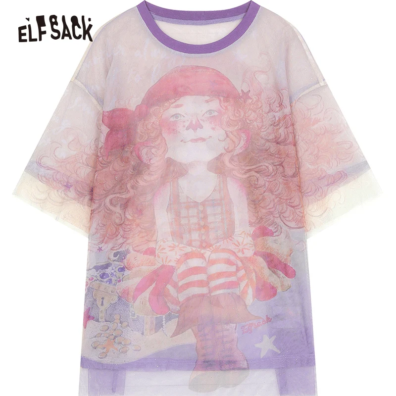 ELFSACK 2024 Summer New Arrivals Sparkling printed mesh short sleeved t-shirt for women, slightly translucent loose top