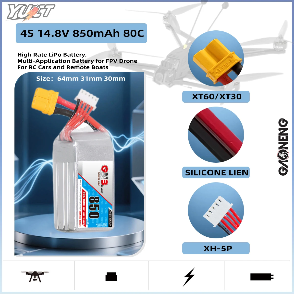 

YUCT GAONENG GNB 4S 14.8 800mAh 80C/160C HV Lipo Battery For FPV Long Racing Drone 4 Axis RC Quadcopter Drones XT30/XT60 Plug