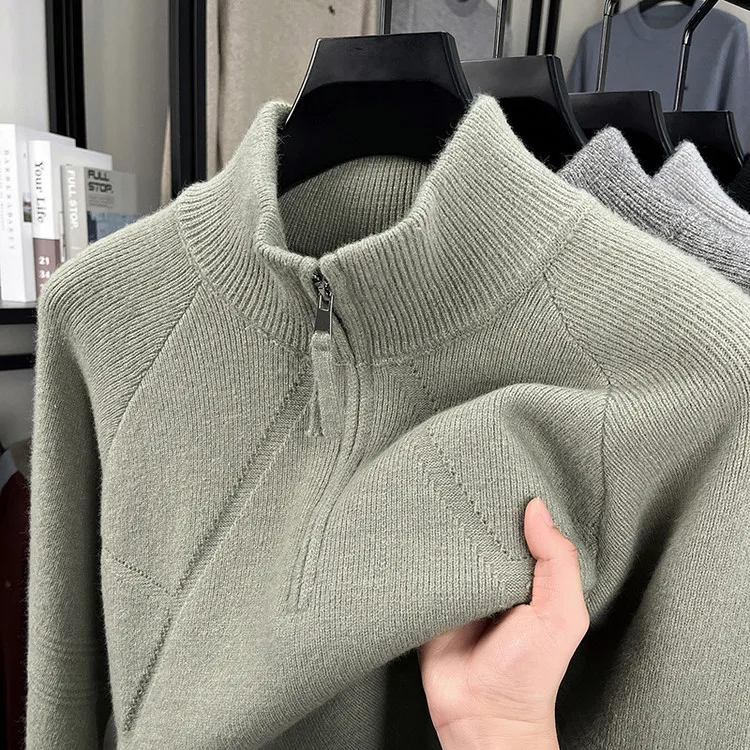 Men's Knitted Sweater with Half High Zipper And Embroidery Autumn Winter Casual Versatile  Color Retro Style Youth Fashion