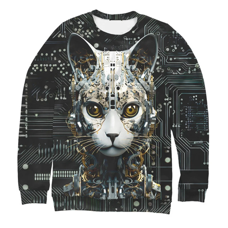 Mechanical Cat Sweatshirt For Men Clothes Round Neck Sweatshirt Technology Style Design Fashion Novelty 2025 Spring Solid Hoodie