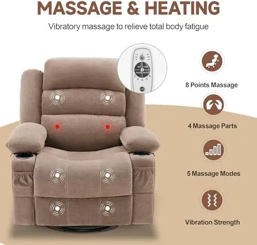 Rocker Recliner Chair with Heat & Massage, 360° Swivel, Oversized Single Sofa Seat (Brown)