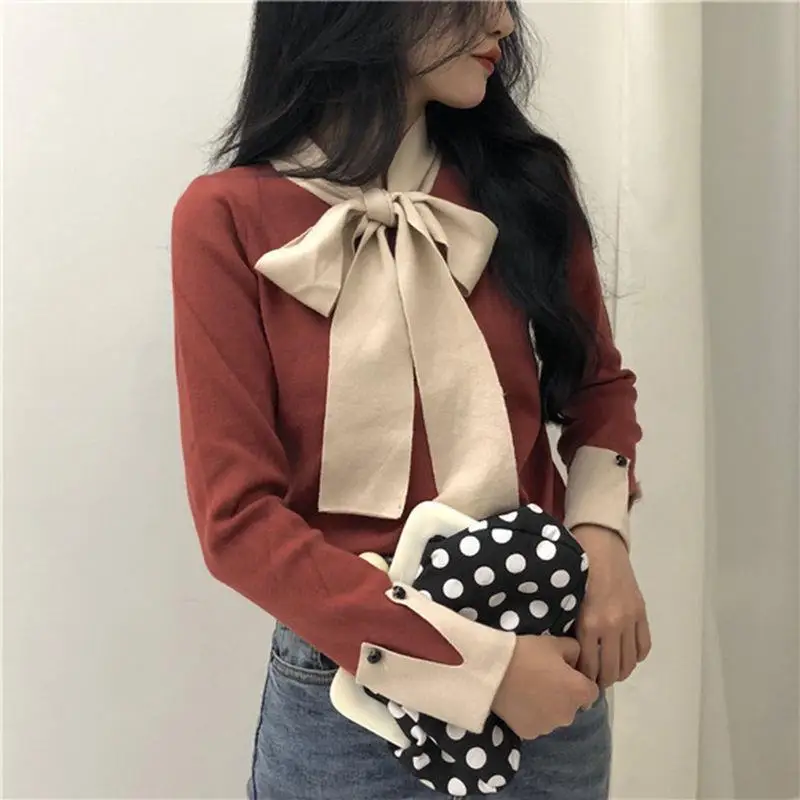 Women\'s Pullover Bow Neck ButtonAutumn and Winter New Long Sleeve Slim Knitwear Korean Elegant Vintage Underlay Sweater Tops