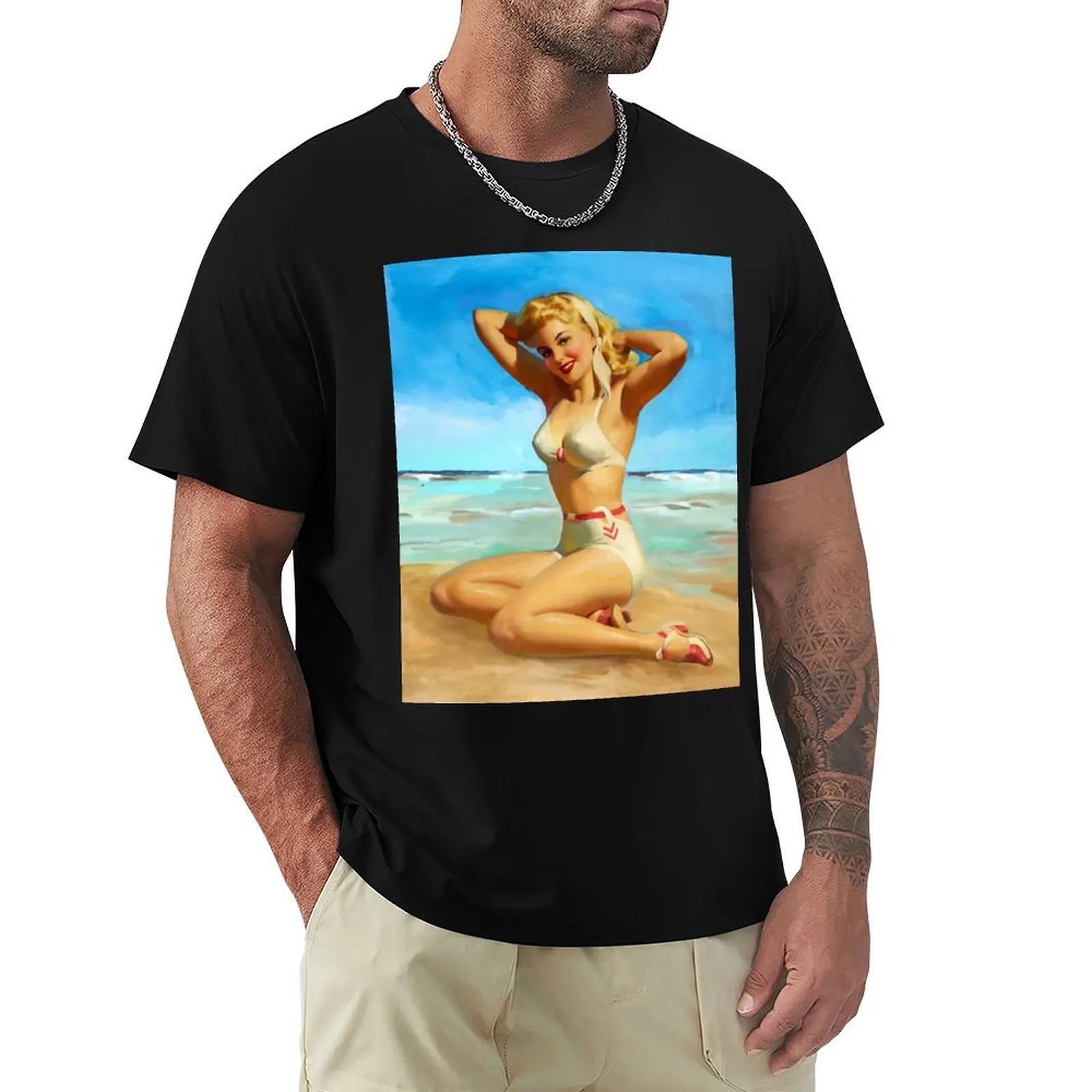 Sexy Pin-Up Lady in Bikini on the Beach T-Shirt t shirt man designer T-Shirt